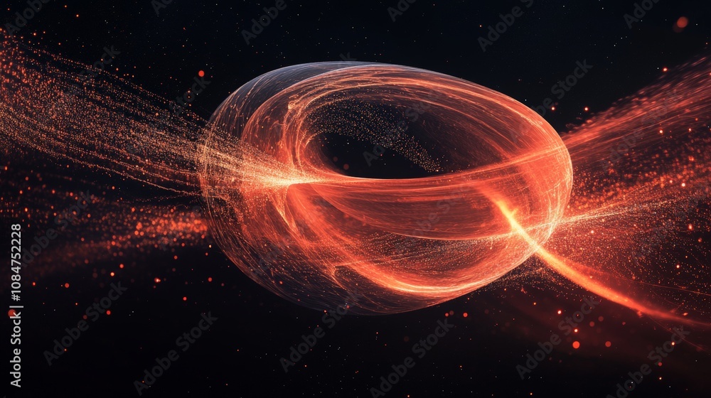 Poster a digital visualization of a time loop created by a black hole gravitational pull, with an object ex
