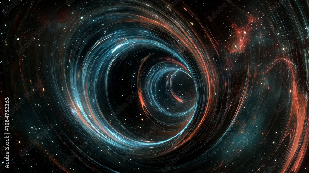 Poster a digital visualization of a time loop created by a black hole gravitational pull, with an object ex