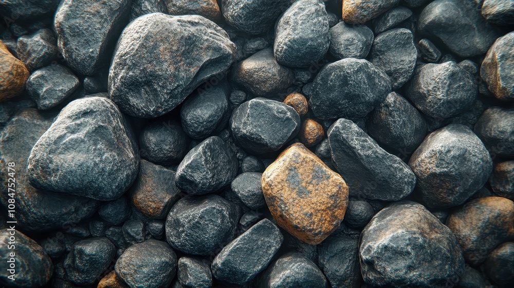 Poster an up-close shot of black rocks and pebbles showing the texture and roughness of the surface.