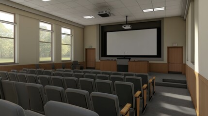 Modern Conference Room with Gray Seating Arrangements, Projector Setup, and Spacious Design Ideal for Professional Presentations and Meetings