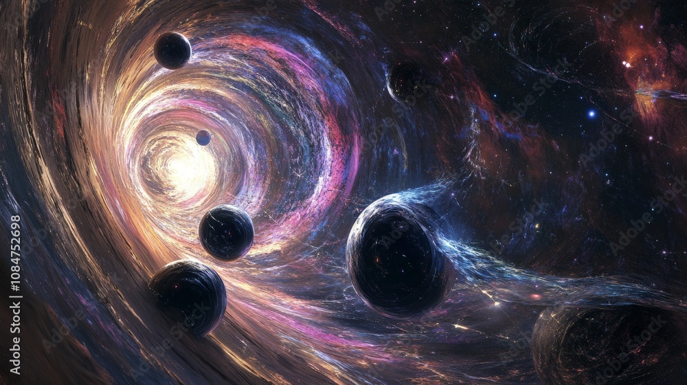 Poster a dynamic illustration of multiple universes connected by black holes, suggesting a multiverse struc