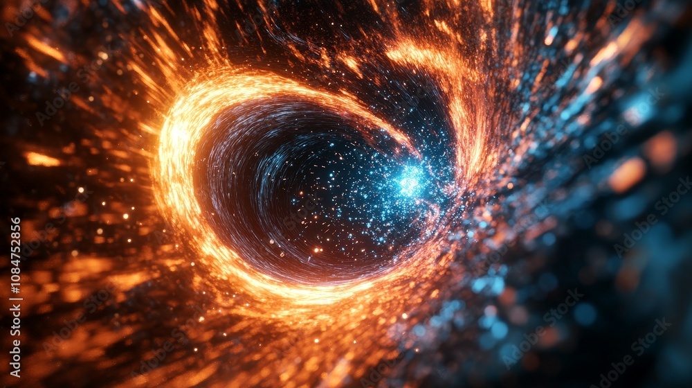 Poster a dynamic rendering of a black hole quantum fluctuations, showing particle creation and annihilation