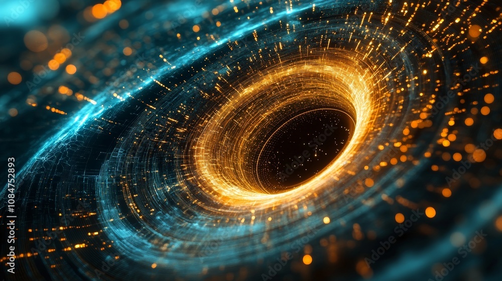 Poster a dynamic rendering of a micro black hole passing through different mediums, showing how it affects 