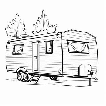 recommend clip art: A black and white illustration of a camper trailer with two trees behind it.