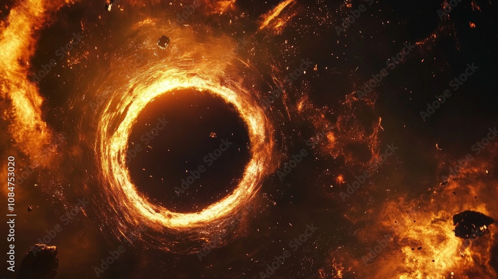 Poster a dynamic scene from a popular tv series featuring a black hole as a gateway to another dimension or