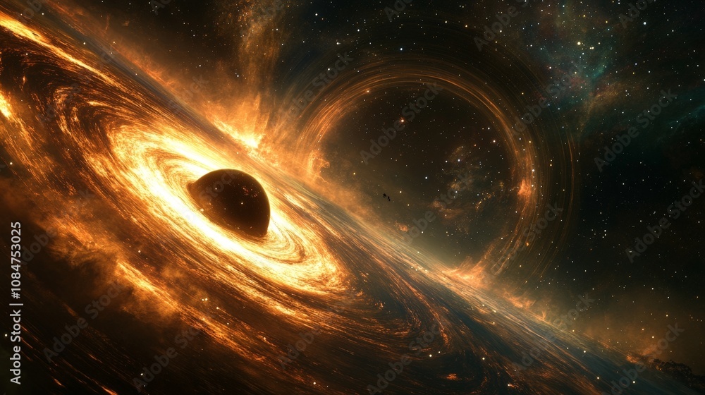 Poster a dynamic rendering of a star orbiting a black hole, with time dilation causing dramatic shifts in l