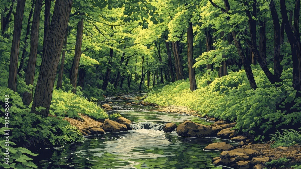 Poster a forest with a stream or river running through it. the trees are lush and green. natural background