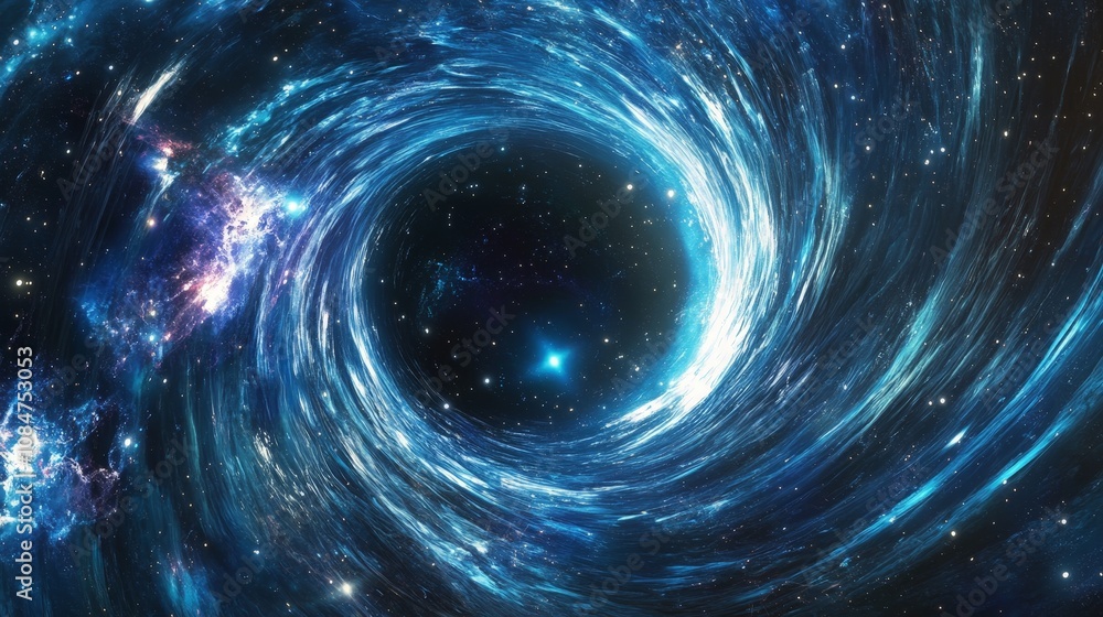 Poster a dynamic scene of a space expedition discovering a black hole that leads to another universe, chall