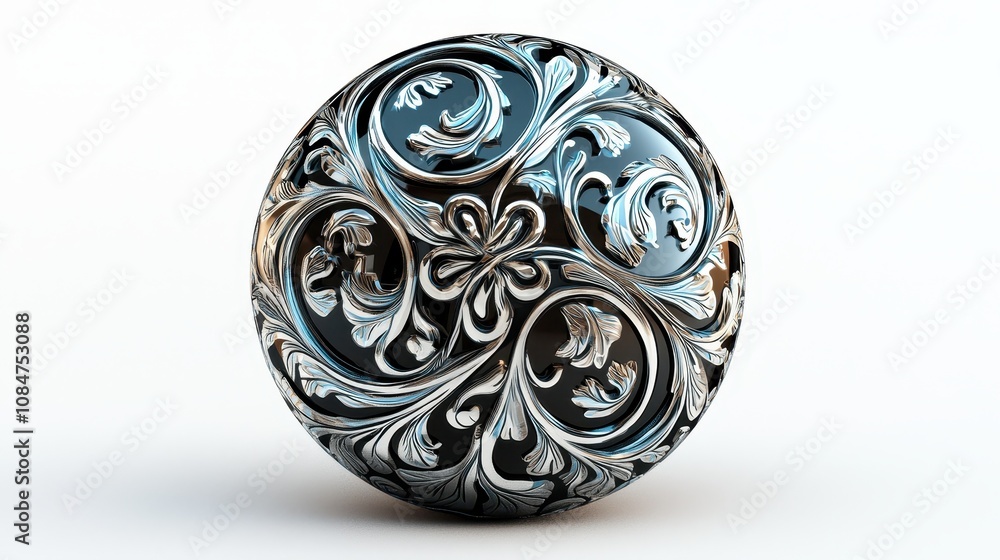 Aufkleber front view of a glossy reflective button featuring intricate design elements, isolated on a white ba