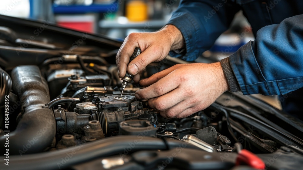 Poster skilled mechanic performs precision engine repair with tools in automotive workshop, ensuring qualit