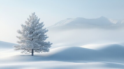 A picturesque winter scene with rolling snow dunes and a lone snow-covered tree, set against a calm, pale blue sky and distant mountain range