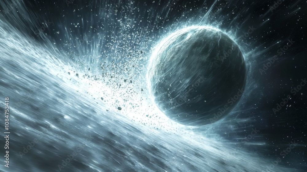 Poster a dynamic shot of a distant planet orbiting a neutron star, where time moves differently for its inh