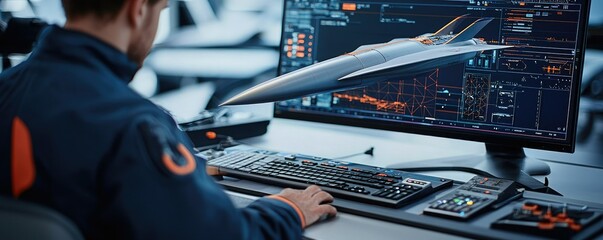 A designer works on a futuristic aircraft model using advanced software, showcasing a blend of technology and creativity.