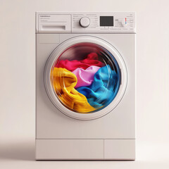 Front-load washing machine with vibrant colored clothes inside symbolizing freshness and style