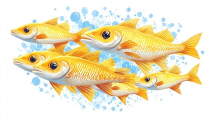 A school of five yellow fish swimming in a blue water background with bubbles.