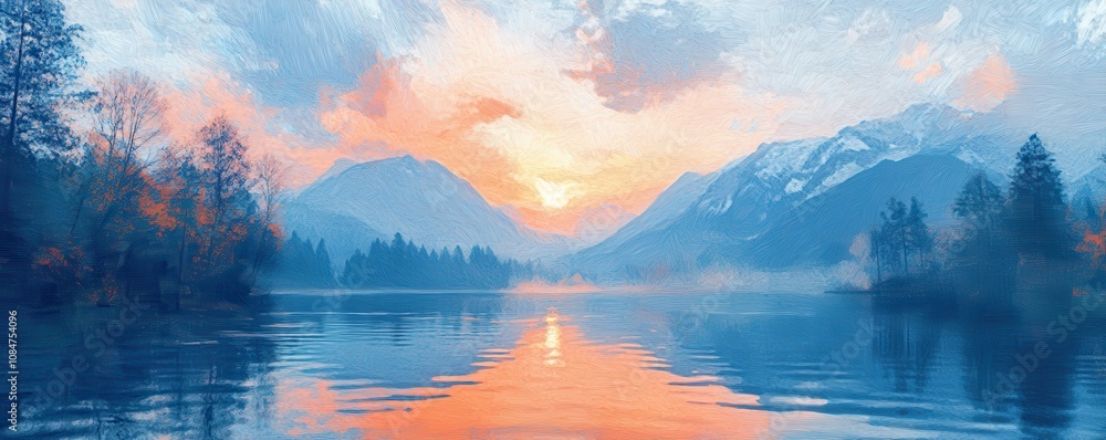 Poster sunset over tranquil river with mountain backdrop. generative ai image