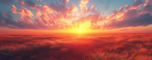 Fototapeta premium Sunset over the field - Captivating 4K time-lapse: majestic sunrise/sunset landscape with stunning nature's light and rolling colorful clouds, Generative AI