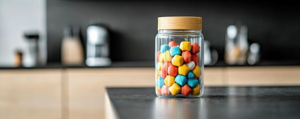 A colorful jar filled with vibrant, small candies sits on a kitchen counter, showcasing a bright and cheerful aesthetic.