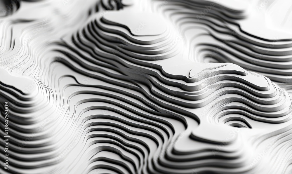 Poster black and white abstract pattern of topographic contour lines creating a dynamic 3d effect with undu