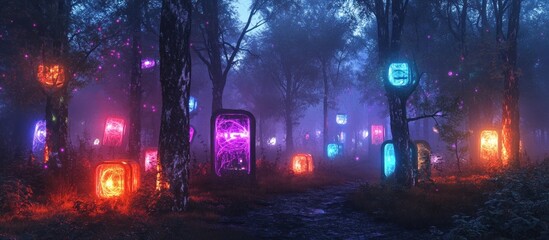 Ethereal glowing portals and lights illuminate a mystical forest path at night.