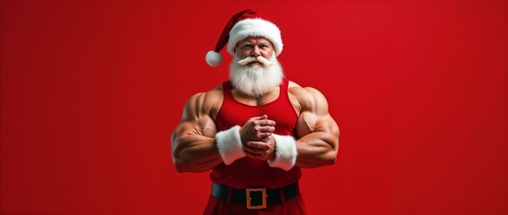 A strong, muscular Santa Claus stands confidently against a vibrant red background, showcasing fitness and strength. This modern depiction merges holiday cheer with a healthy lifestyle message.   © schiers_images