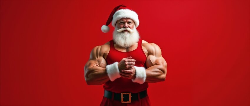 A strong, muscular Santa Claus stands confidently against a vibrant red background, showcasing fitness and strength. This modern depiction merges holiday cheer with a healthy lifestyle message.

