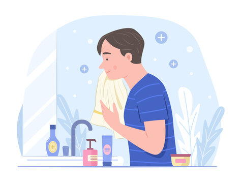 man wiping face with towel in bathroom clip art preview
