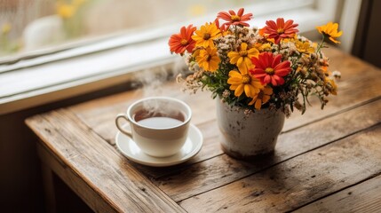 Cozy Morning Scene with Fresh Cup of Tea and Vibrant Flower Arrangement on Rustic Wooden Table by a Sunlit Window at Home