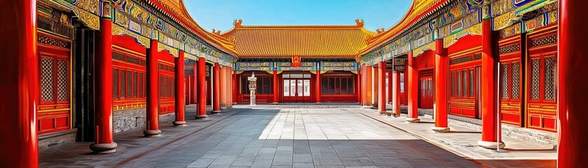 A vibrant courtyard featuring traditional red pillars and intricate details in an ancient architectural setting under a clear blue sky.