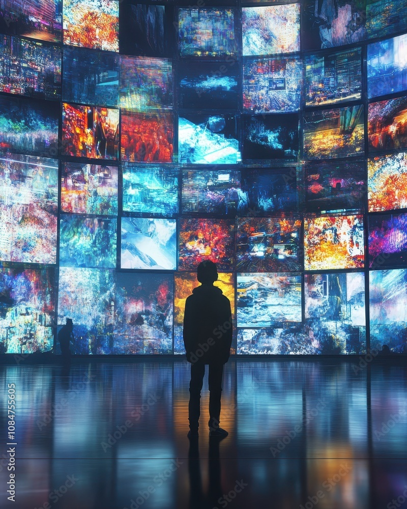 Poster the viewer stands contemplatively before a vast video wall that displays an array of images