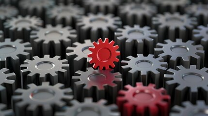 A large, interconnected network of gears symbolizing corporate competition, with one oversized gear dominating the scene, representing antitrust concerns. The background is blurred to focus on the cen
