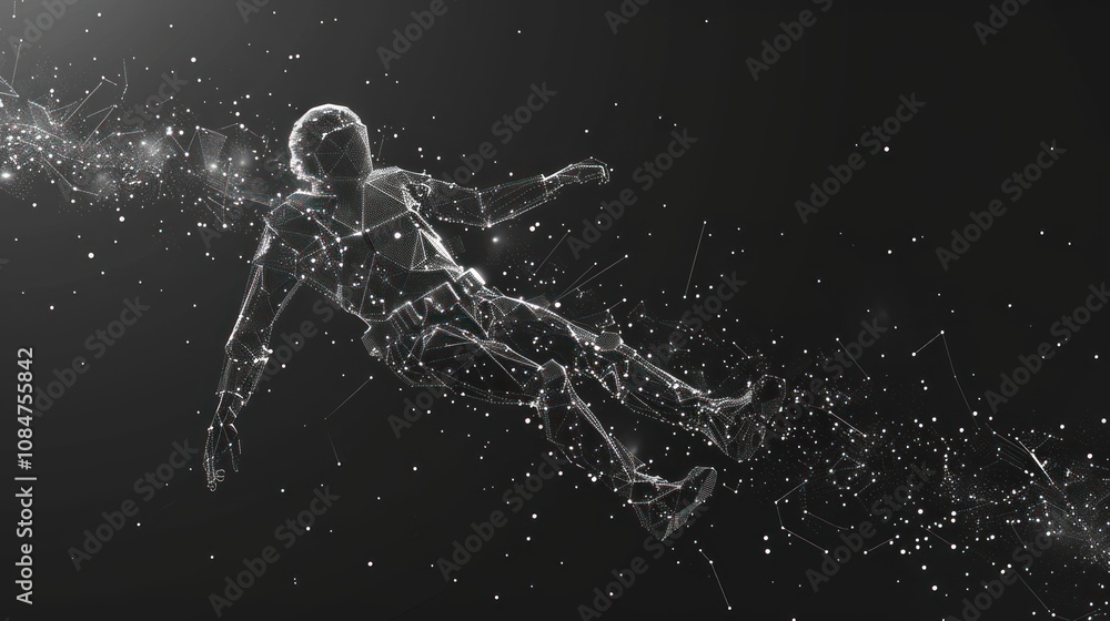 Poster abstract polygonal figure of a person in a floating pose, rendered in white on a black background wi
