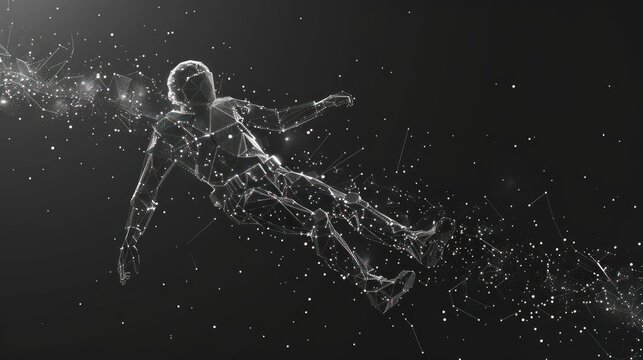Abstract polygonal figure of a person in a floating pose, rendered in white on a black background with glowing particles.
