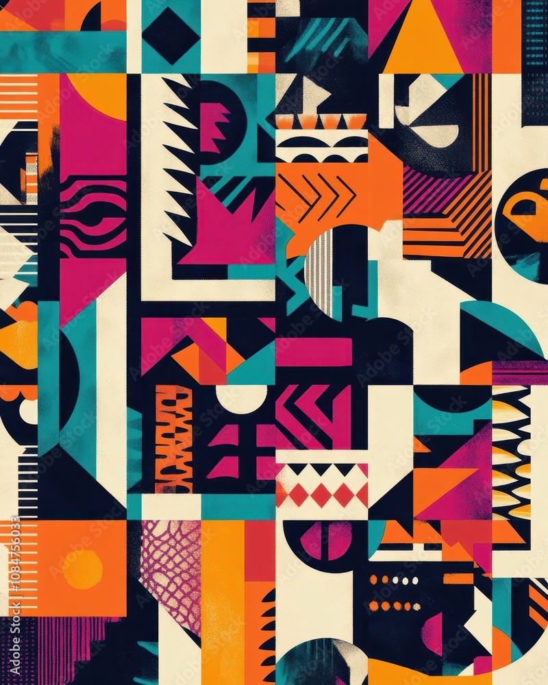 Poster a vibrant composition of geometric patterns and bold lines against a crisp white backdrop for a cont