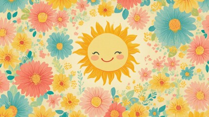 A cheerful floral pattern featuring smiling sun faces and bright flowers in pastel colors, creating a whimsical and joyful design.