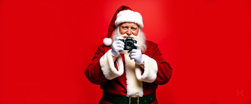 Santa Claus in his traditional red suit holds a camera, capturing the festive spirit against a bright red backdrop. Perfect for Christmas themes and holiday celebrations.

