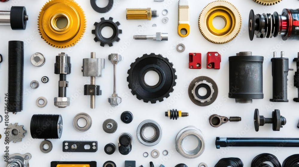 Poster a diverse collection of mechanical parts and components spread on a white surface for industrial and