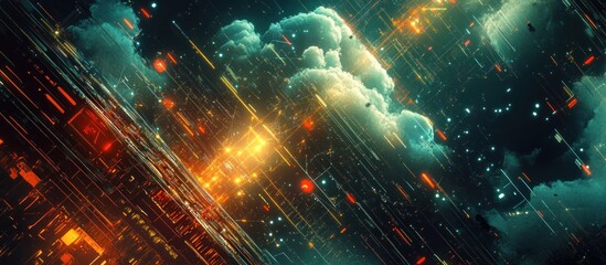 Fototapeta premium Abstract digital art depicting a futuristic cityscape with glowing lines and clouds.