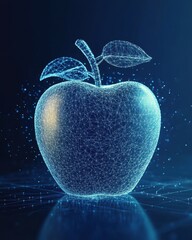 Blue background with low polygonal wireframe concept of apple fruit