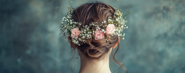 Obraz premium Back view of a woman with flowers in her hair