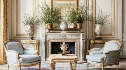 Elegant and Luxurious Living Room Interior Featuring Ornate Furniture, Decorative Plants, Classic Architecture, and Vintage Accents in a Stunning Ambiance