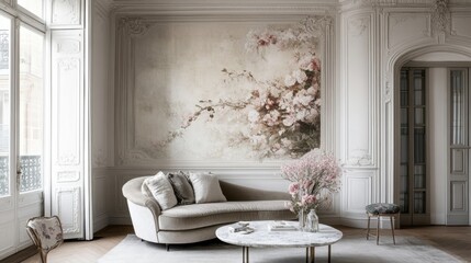 Elegant and Serene Interior Design with Floral Wall Art and Cozy Furniture in a Bright, Airy Room Featuring Natural Light and Soft Color Palette