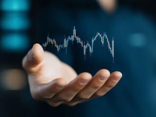 Hand holding a digital financial chart, representing stock market analysis and data insights in a modern blue background.