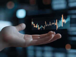 Hand holding a floating graphical chart representing stock market data analysis and financial growth metrics in a futuristic digital setting.