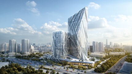 Fototapeta premium Modern architectural design with dynamic glass towers in an urban landscape showcasing innovative construction and urban development against a clear sky backdrop.