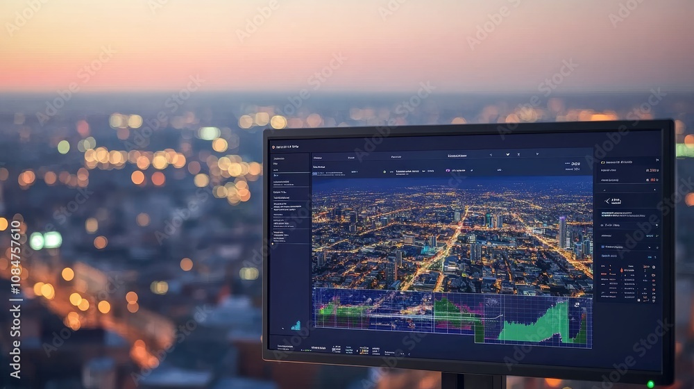 Poster nighttime cityscape analysis with data visualization on monitor displaying urban areas and bright ci