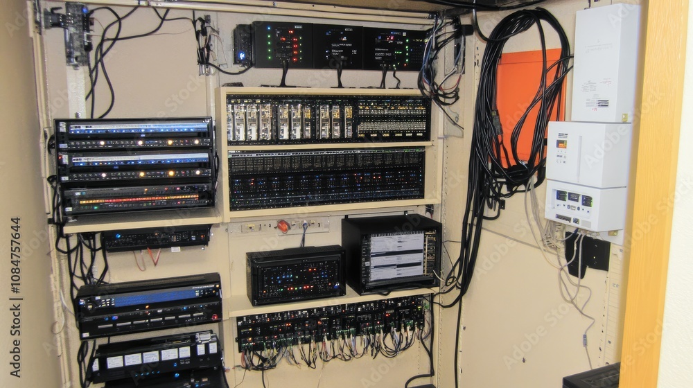 Poster organized technology cabinet featuring multiple audio equipment, network components, and intricate w