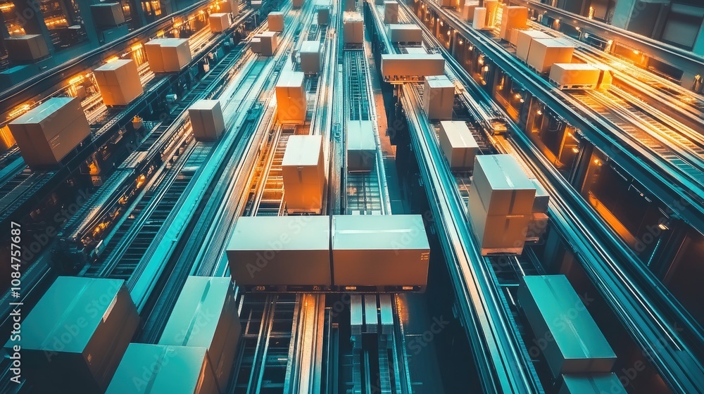 Poster aerial view of automated warehouse with multiple packages moving along delivery system in modern log