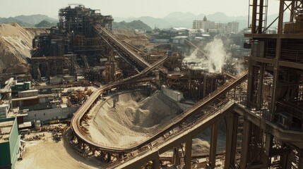 Fototapeta premium Industrial Mining Operations with Conveyors, Machinery, and Stockpiles in a Large Quarry Surrounded by Mountains and Urban Development