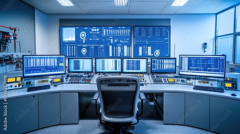 Poster modern control room with multiple digital screens displaying data analytics and monitoring systems f